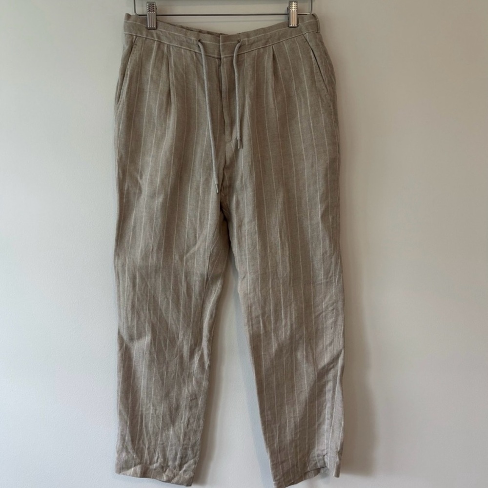 Suitsupply Ames Pleat EB linen drawstring trousers beige stripe UK 32
